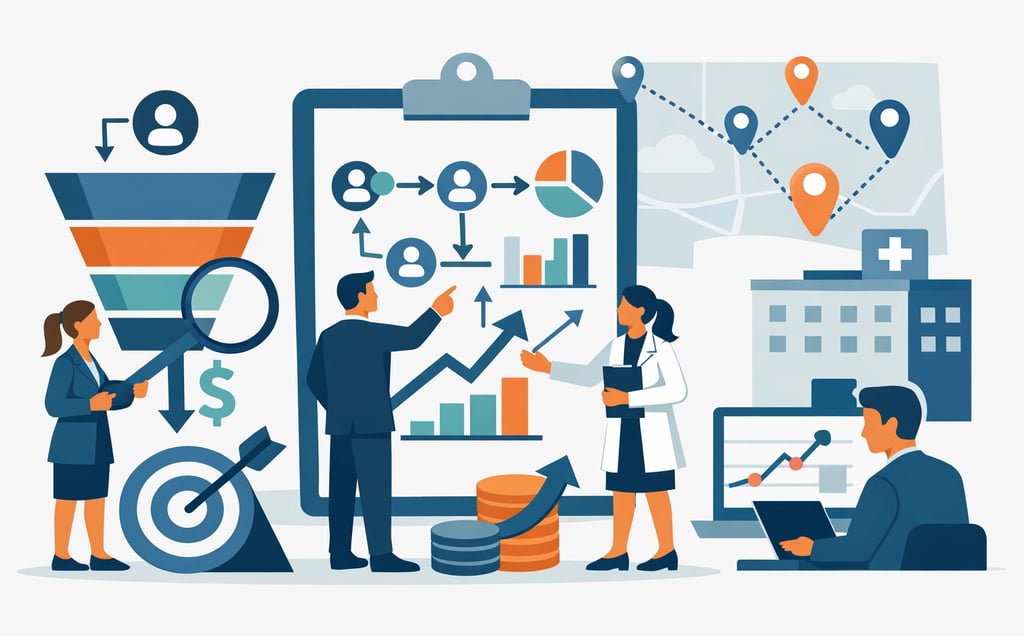 Home health agency owner reviewing referral pipeline data with acquisition team, illustrating the st