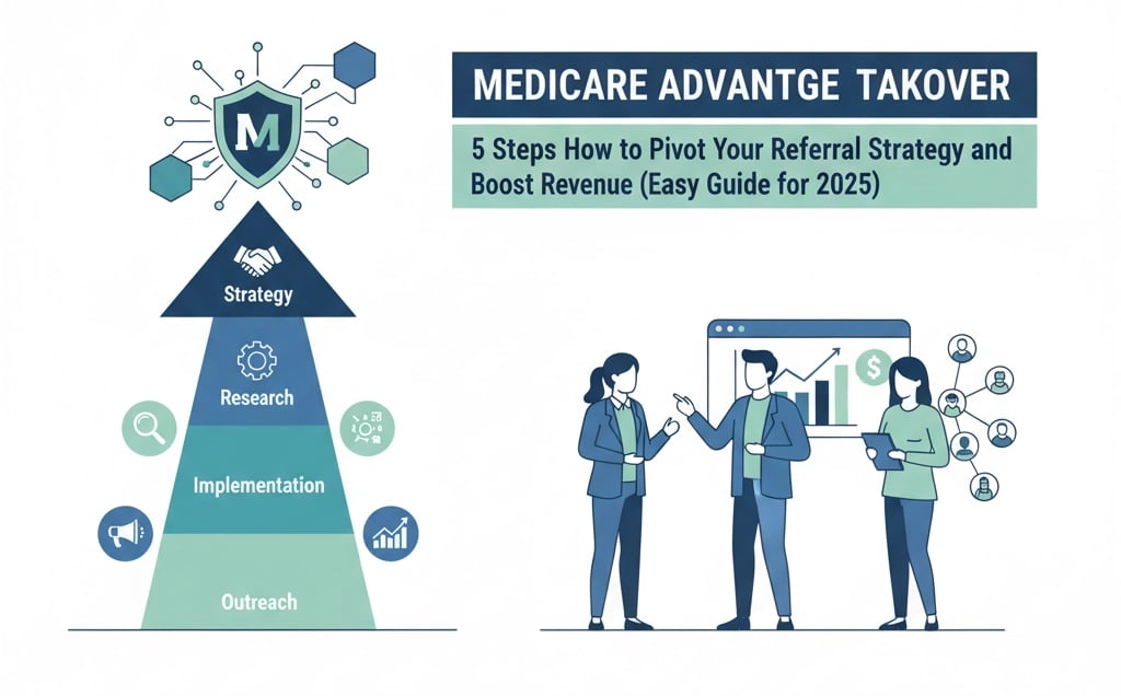 Healthcare professionals analyzing Medicare Advantage referral data on digital dashboards