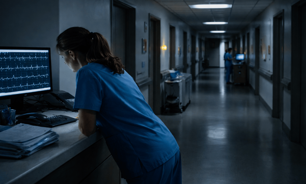 Nurse monitoring four patients' heart rhythms on the EKG telemetry unit on night shift.