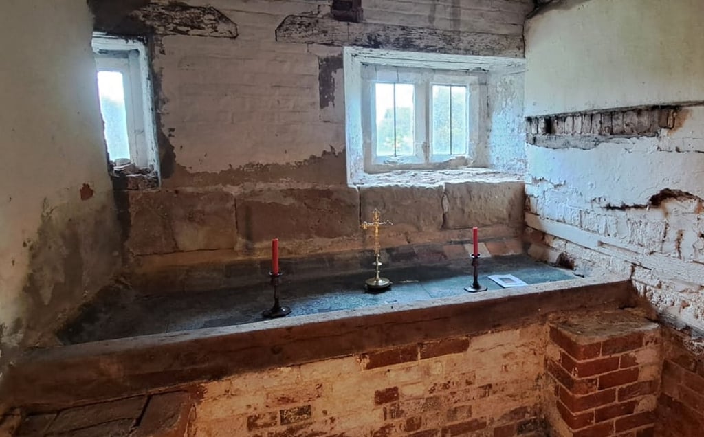 The basement of Soulton Hall. The small room holds the altar stone of the old St Paul's Cathedral