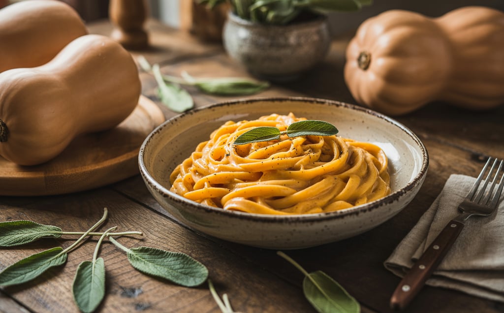 a bowl of pasta with a fork and a knife