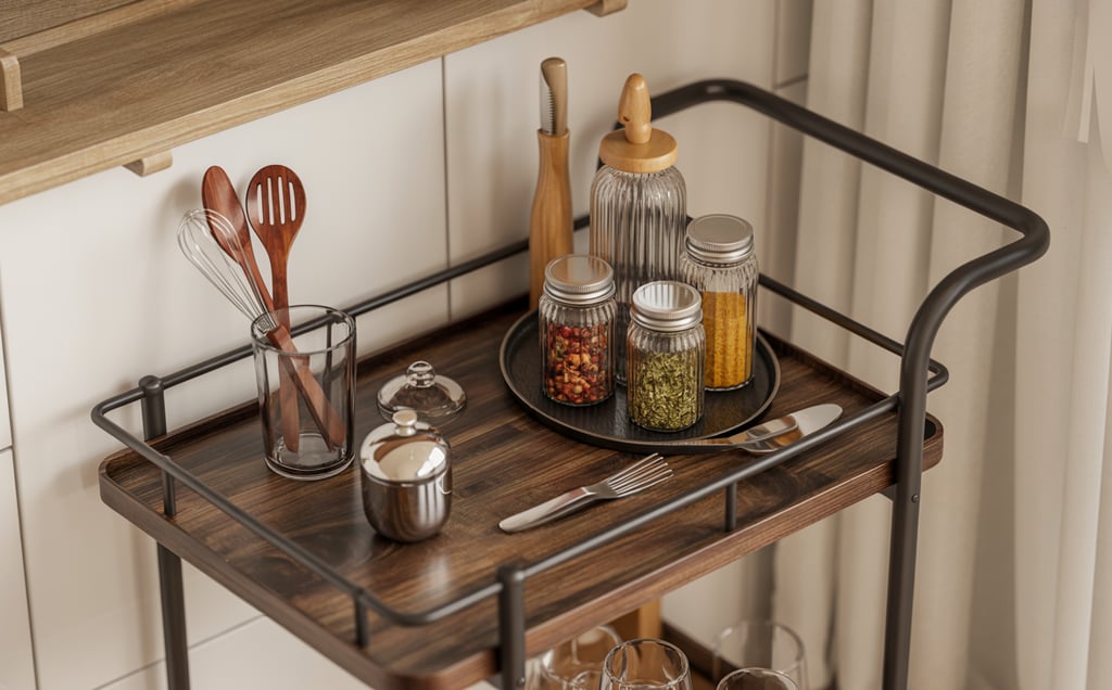 a bar cart with a tray of spices and spices