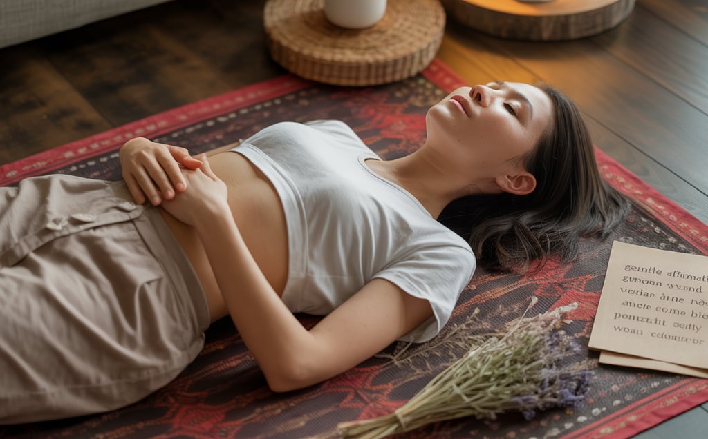 a woman laying on a rug with a book and a book
