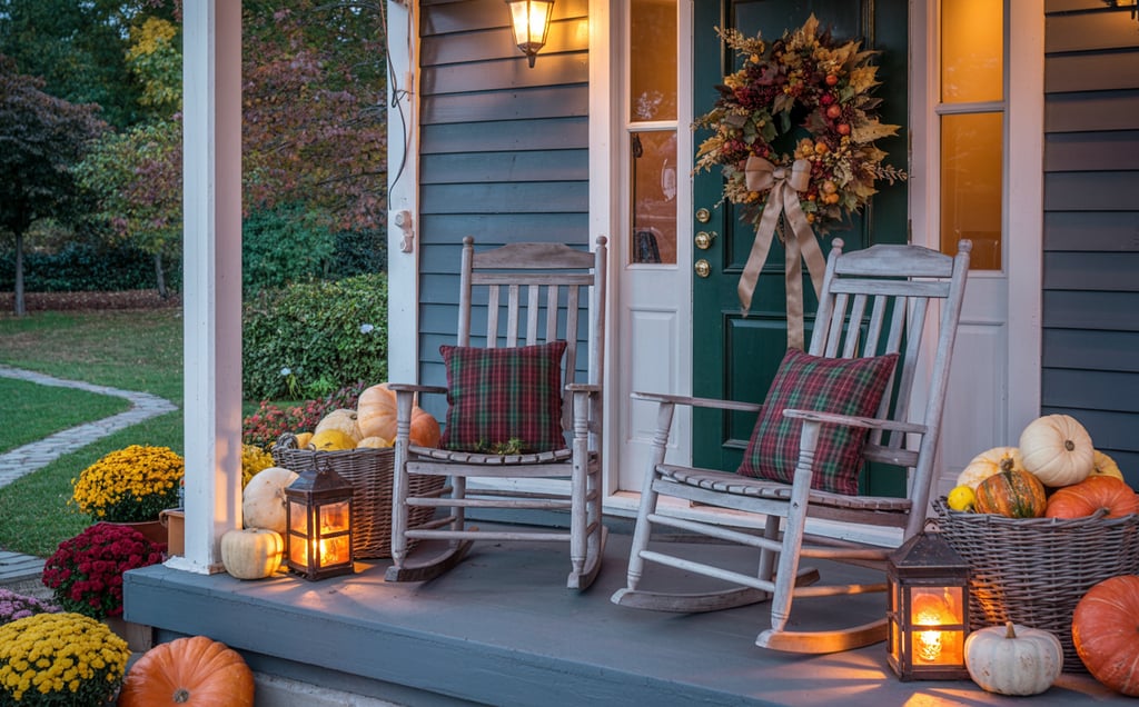 a rocking chair with pumpkins and pumpkins