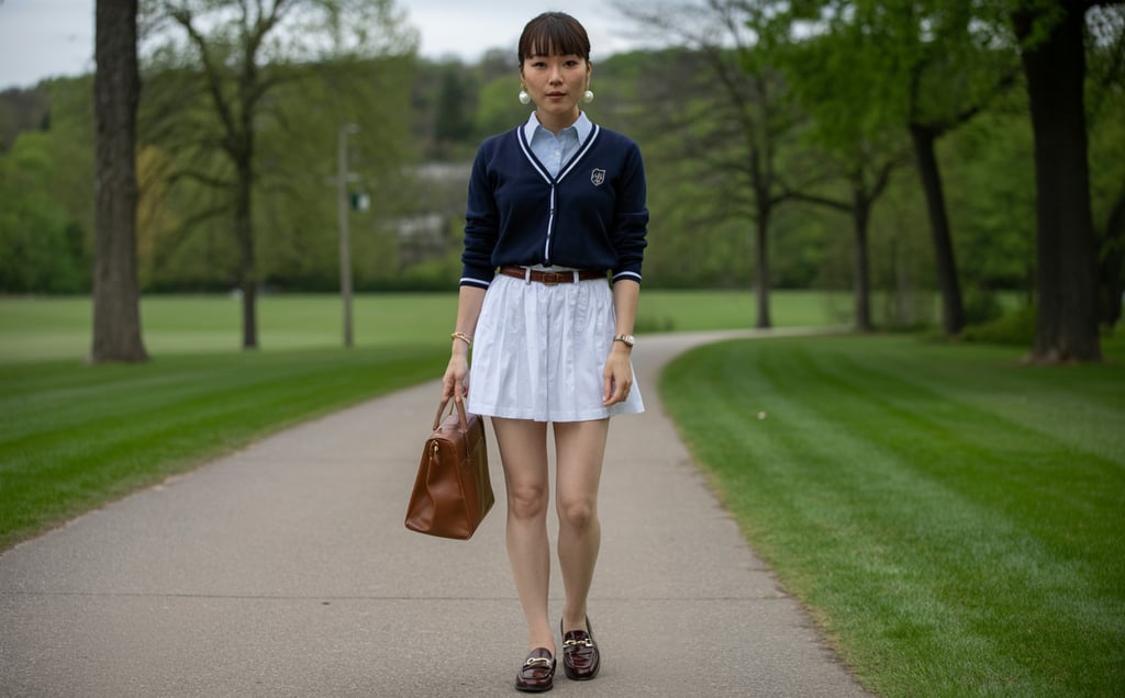 a woman in a white skirt and a brown purse
