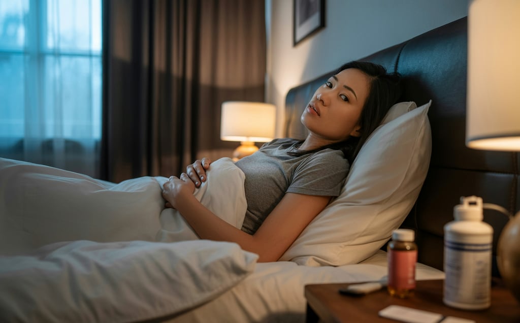 A woman lying in bed with insomnia, looking at medicine bottles on a nightstand for sleep aid.