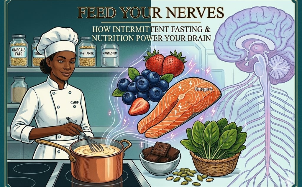 An illustration of a modern Black woman chef cooking healthy foods for the nervous system, including
