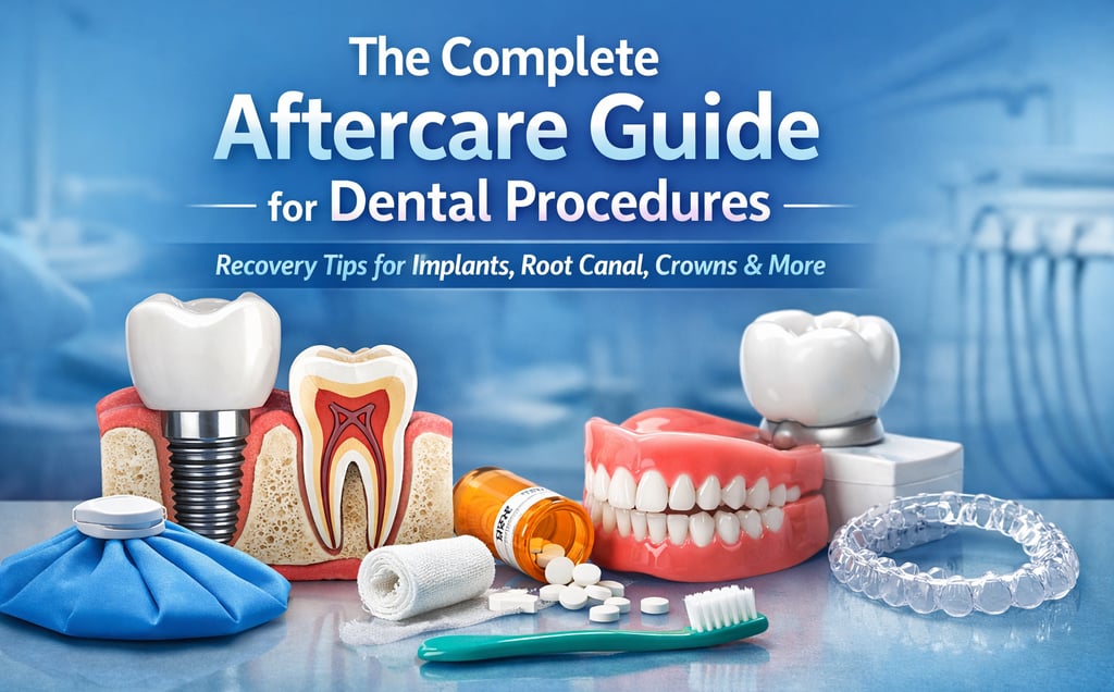 Dental aftercare guide showing dental implant, root canal tooth model, crown, dentures, aligners, an