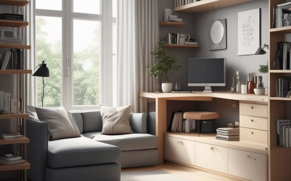 A modern coffee table with books and shelves.