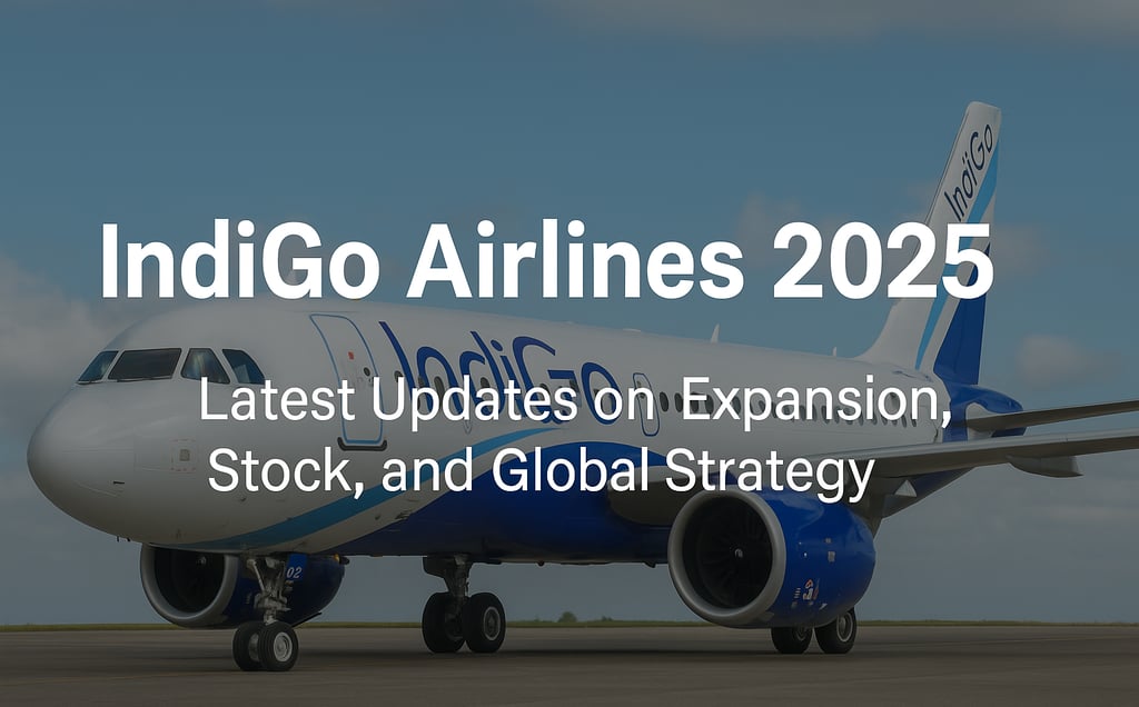 A digital news banner image of an IndiGo aircraft with the title “IndiGo Airlines 2025: Latest Updates on Expansion, Stock, a