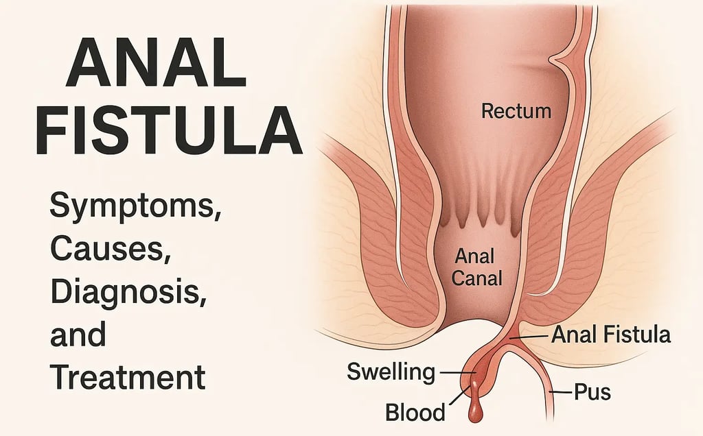 Illustration showing the anatomy and common symptoms of anal fistula in adults