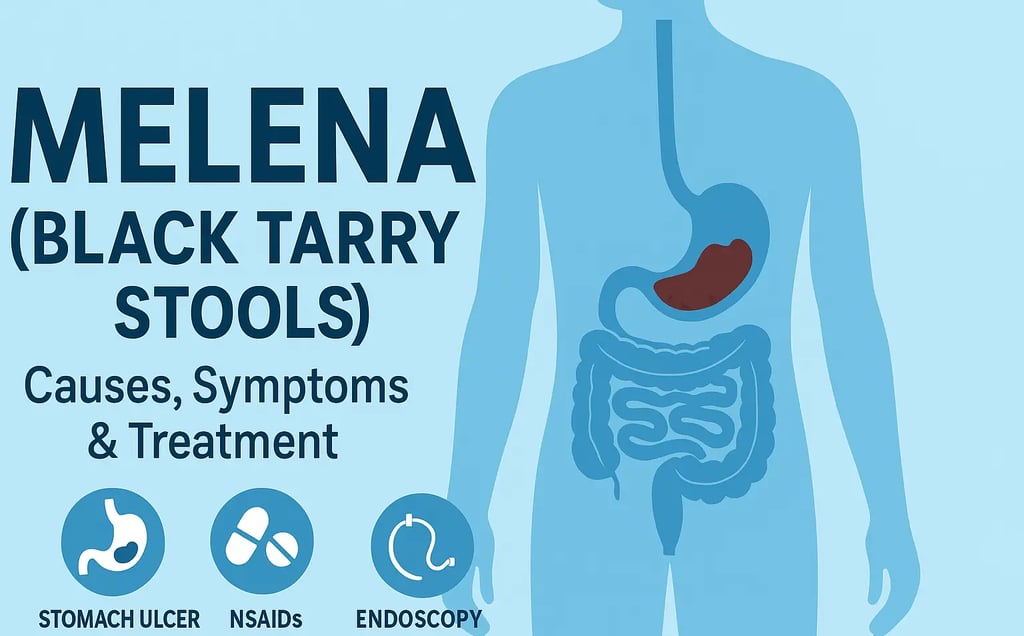 Illustration of melena showing black tarry stools caused by upper gastrointestinal bleeding,