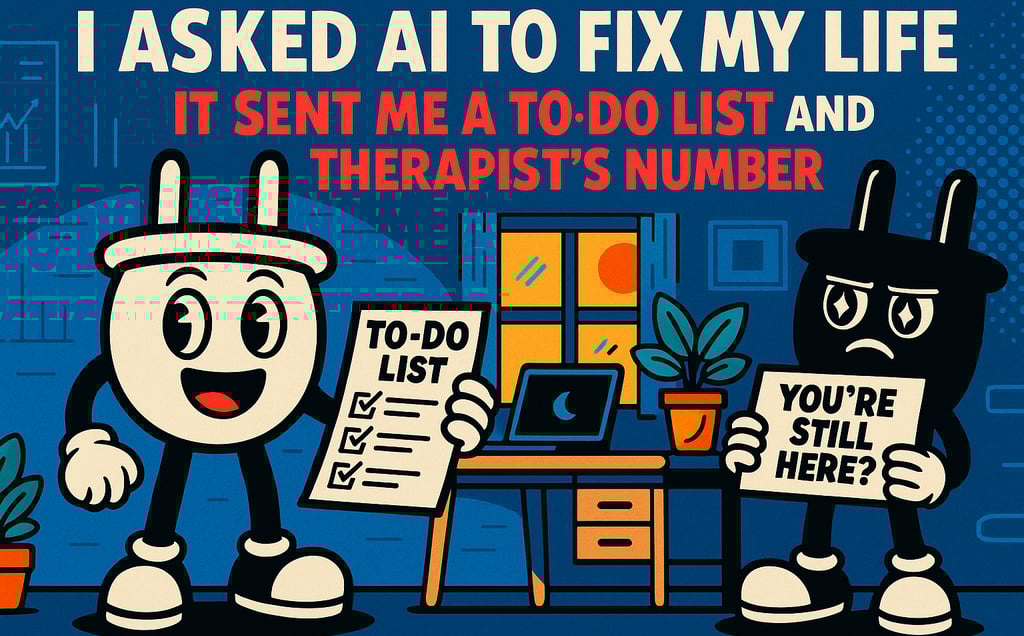 Funny cartoon illustration of AI productivity struggle featuring Plugsy juggling alarm clocks and to