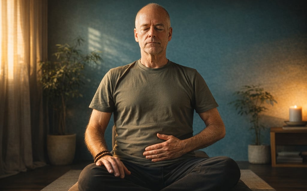 Pessoa praticando Kapalabhati com foco no abdômen, energia calma e atenção desperta.