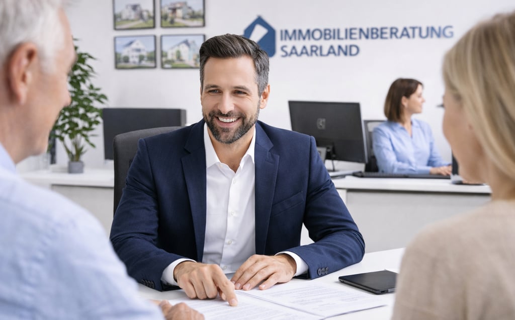Professional real estate agent consulting a couple at Immobilienberatung Saarland office.