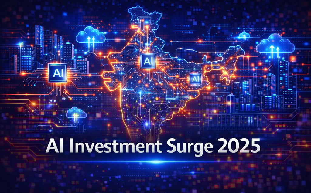 A futuristic digital illustration showing a glowing map of India connected with AI circuits, data ne