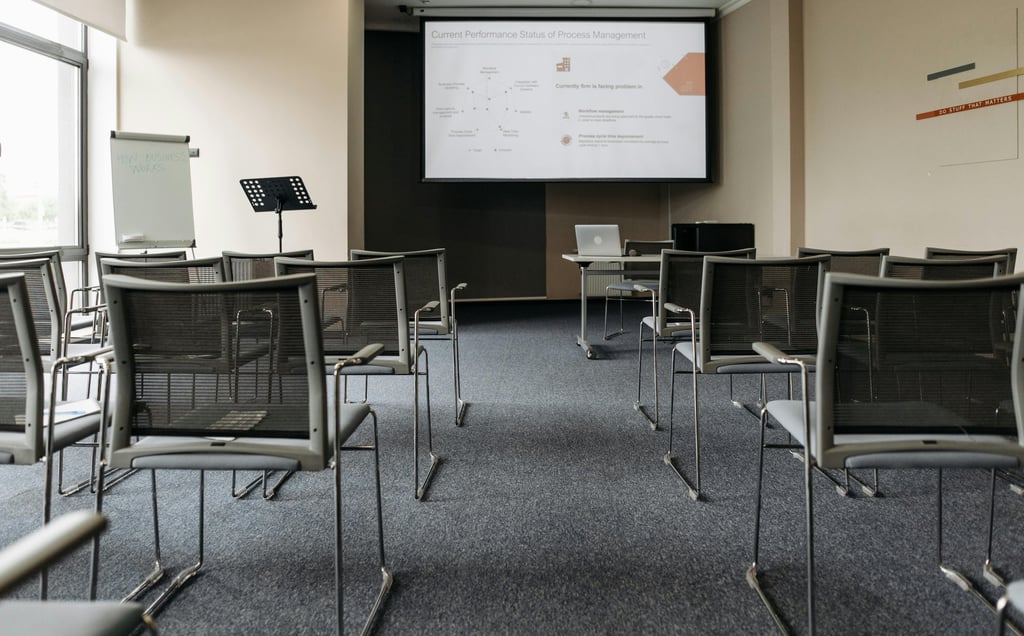 a conference room with chairs and a projector