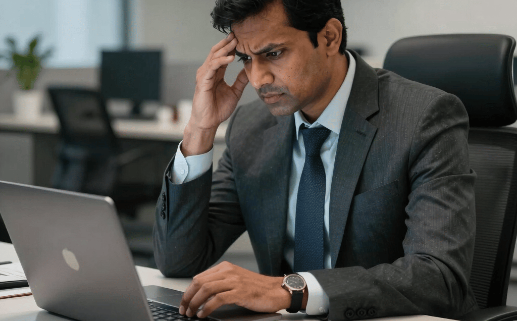 Stressed businessman in a suit working on a laptop at an office desk, looking frustrated and overwhelmed.