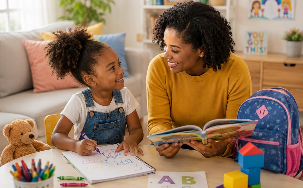 Christian mother and young daughter engaged in creative preschool learning activities at home.