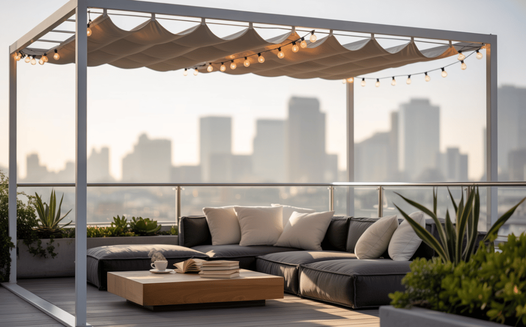 Modern rooftop patio with a white pergola, retractable canopy, string lights, and outdoor sectional sofa.