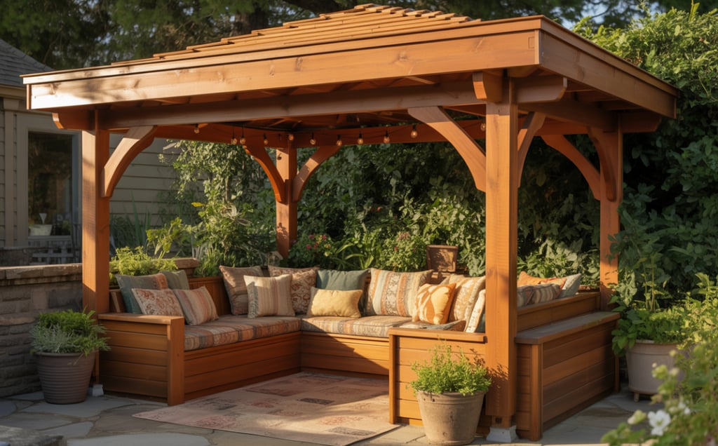 Solid roof outdoor reading nook on a patio, wood or metal roof fully covering seating, strong sense