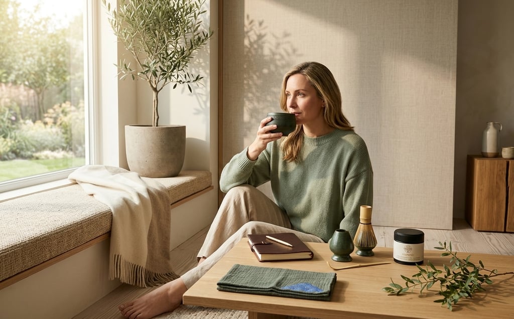 Woman journaling beside a bowl of matcha during an intentional morning ritual focused on mindfulness