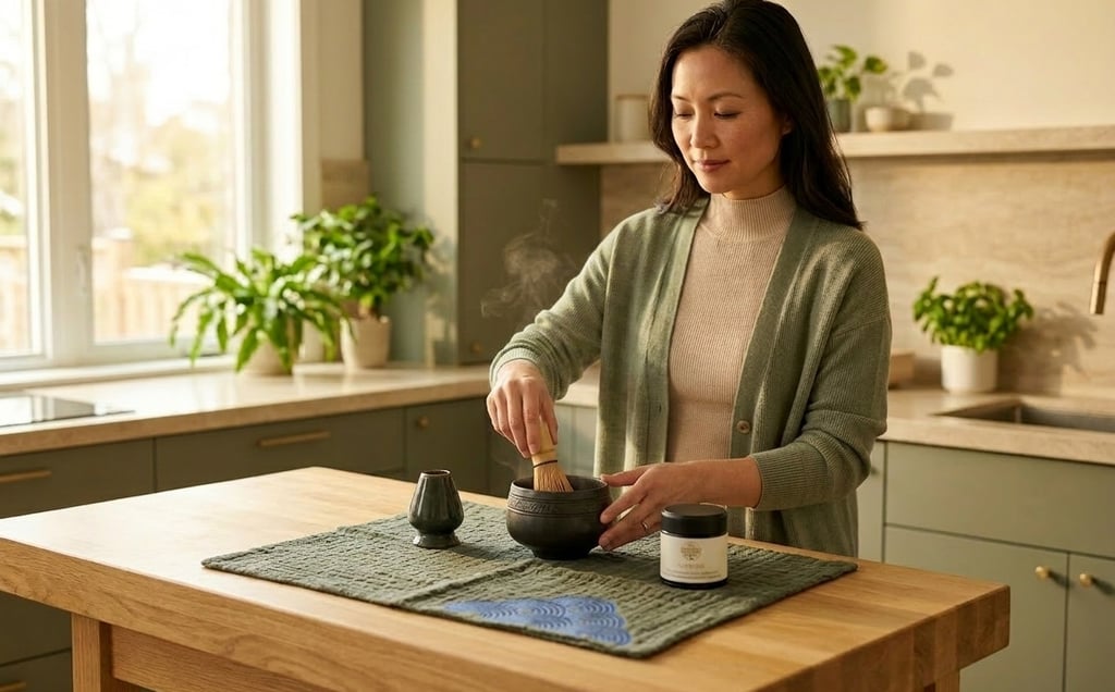 Woman preparing matcha as part of a mindful morning routine focused on calm energy and intentional l