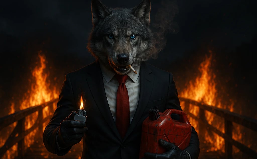 a wolf in a suit and tie with a lighter in his hand