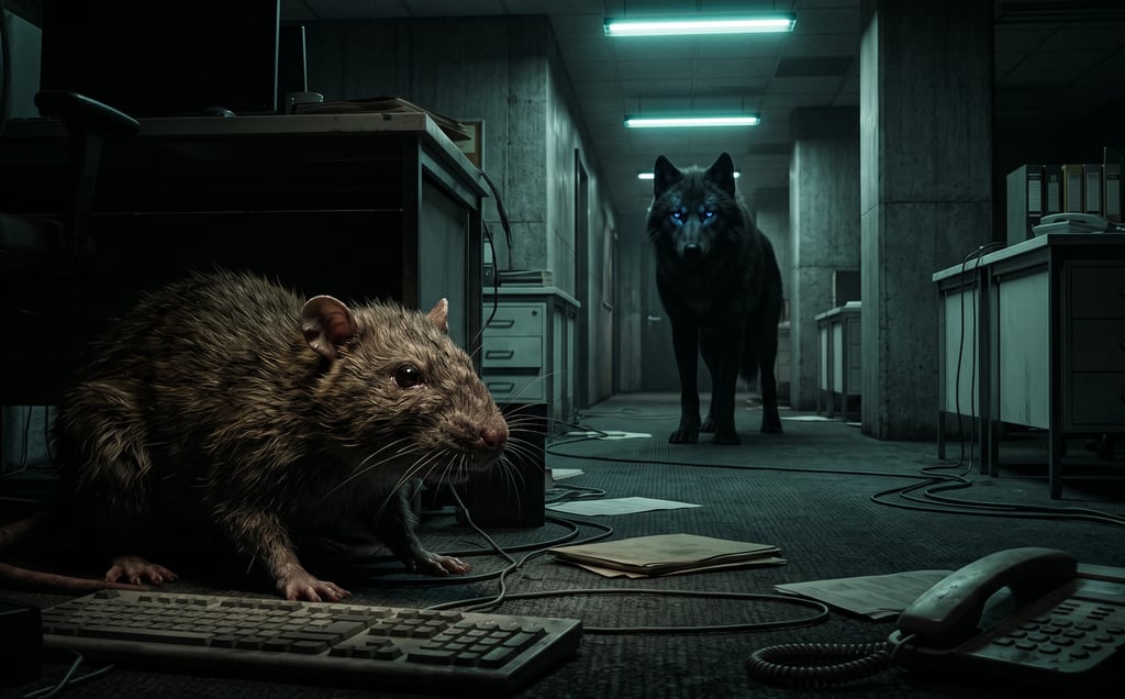 A large rat in a dark office with a black wolf with glowing blue eyes in the background.