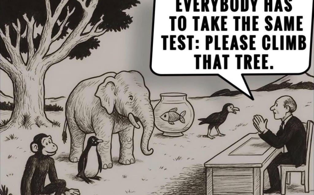 A social cartoon showing an elephant, fish, and penguin being told to climb a tree to pass a test.