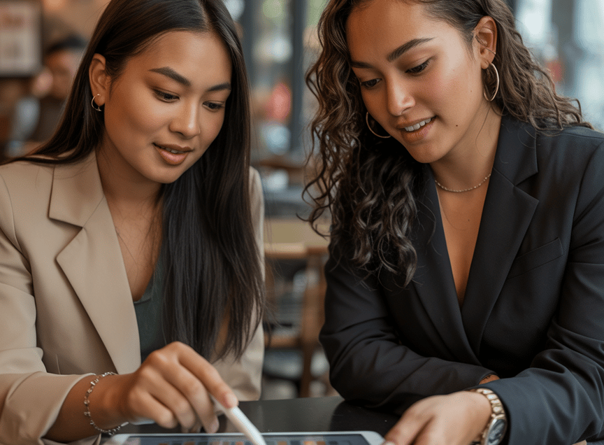 two women sitting at a table with papers and papers