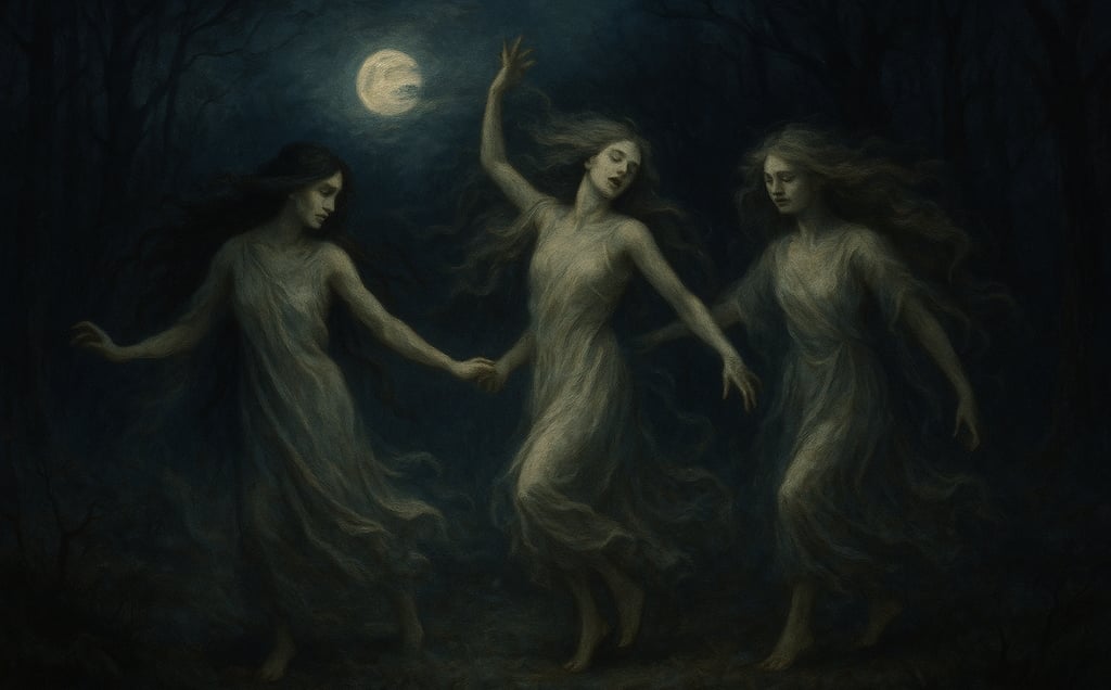 Iele dancing in moonlit forest