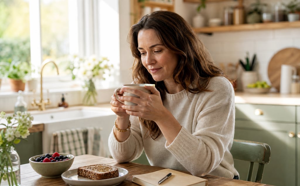 A warm, natural lifestyle photo of a woman sitting at a kitchen table with a mug of tea.