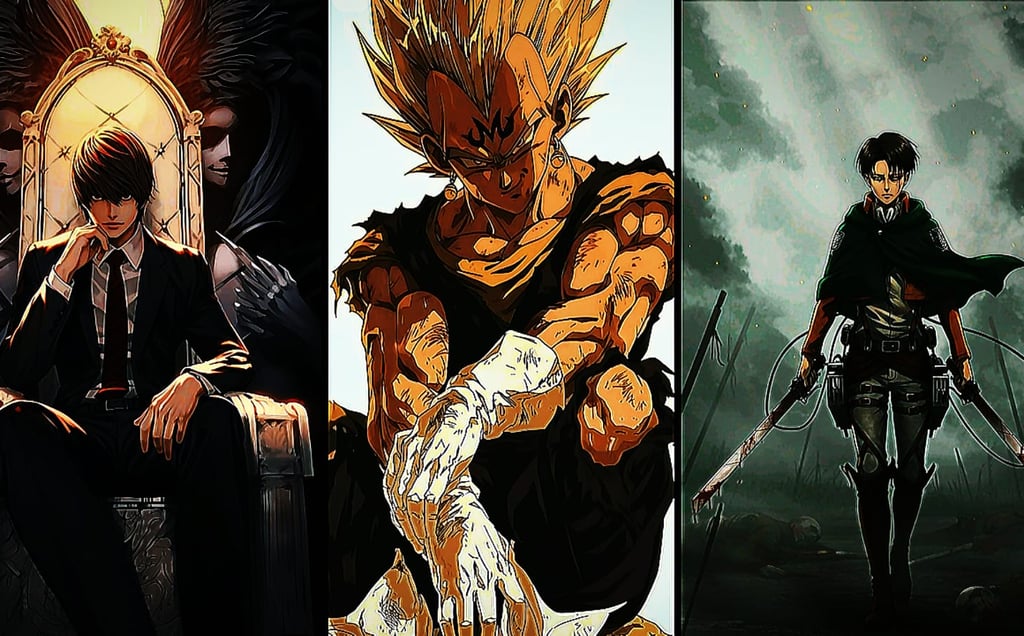 "Banner de animes com personagens inspirados em Dragon Ball, Death Note e Attack on Titan, em estilo
