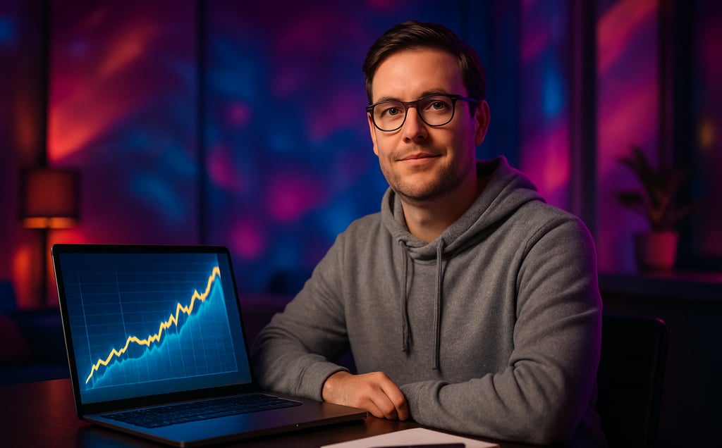 An Image that encapsulates "online fortune"—a realistic person confidently looking at a screen 
