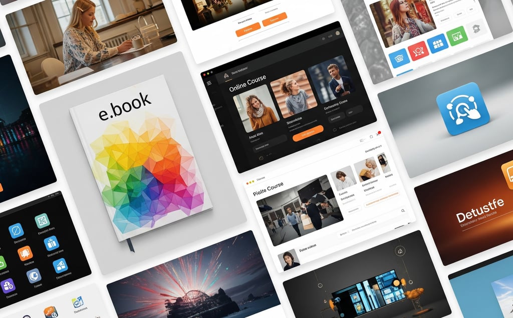 Colorful collage of e-book, online course, and software icons.