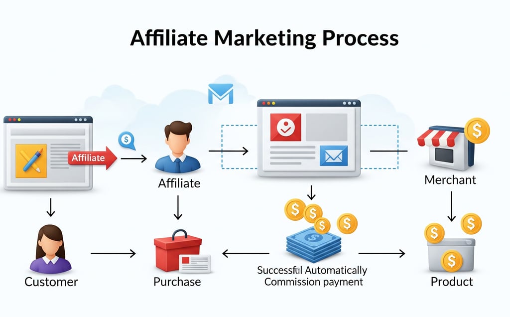 Diagram of affiliate marketing with customer, purchase, and commission.