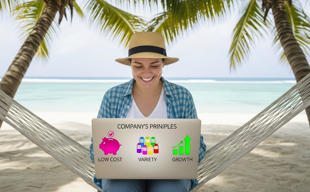 A lady sitting on a beach with a laptop doing dropshipping