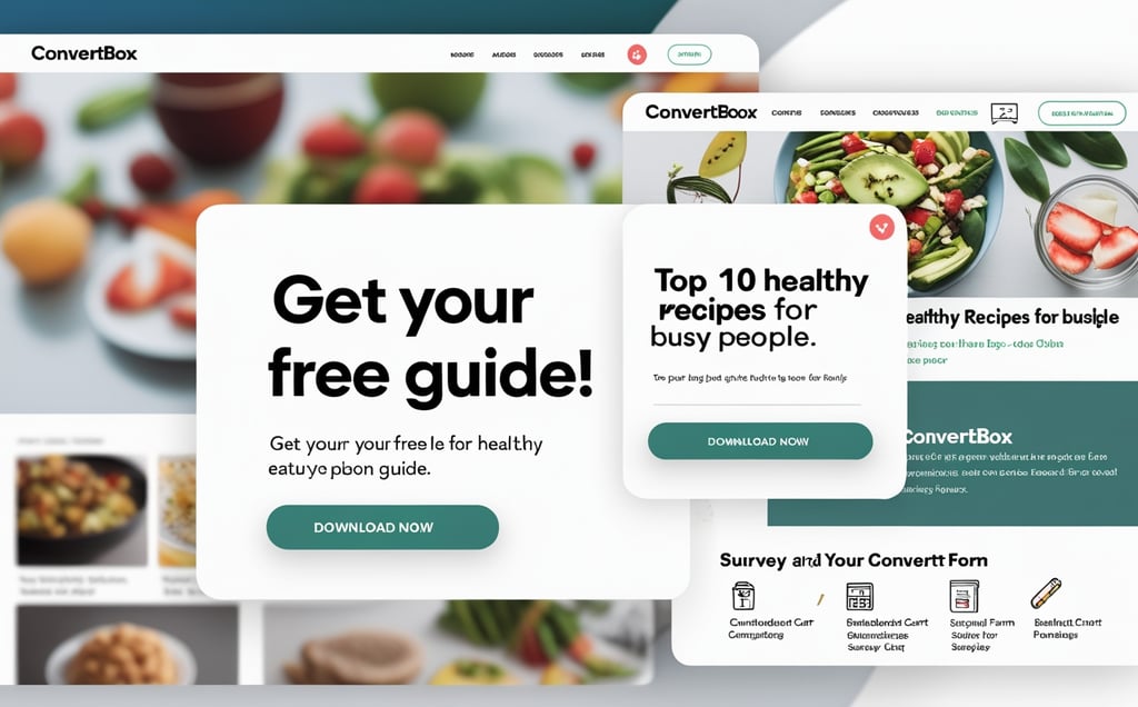 a ConvertBox website page with a picture of a healthy food item with a popups for free guide