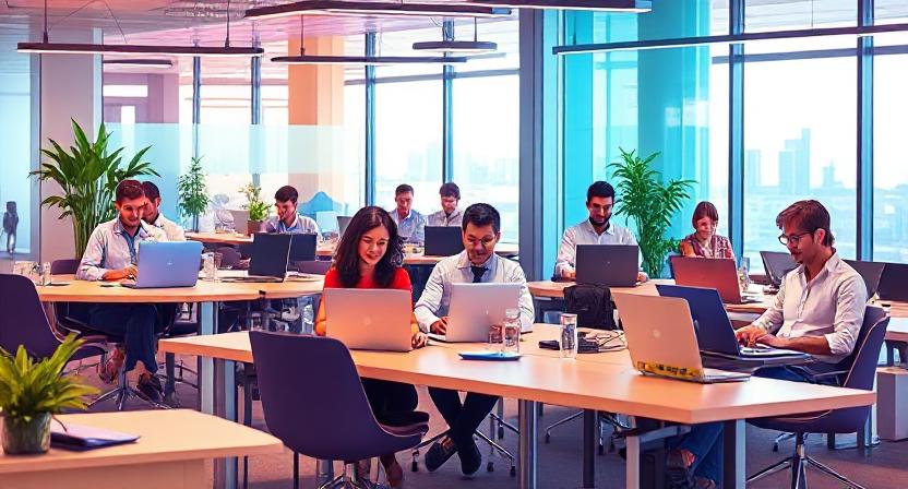 a group of people sitting at desks in a large room with their laptops