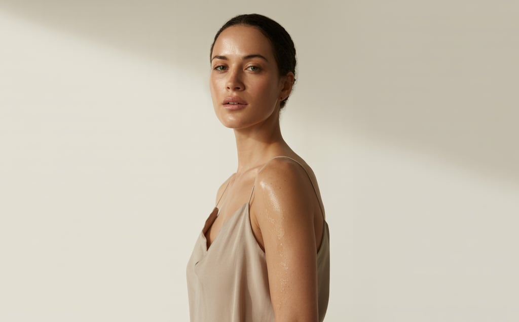 a woman in a tan top and jeans