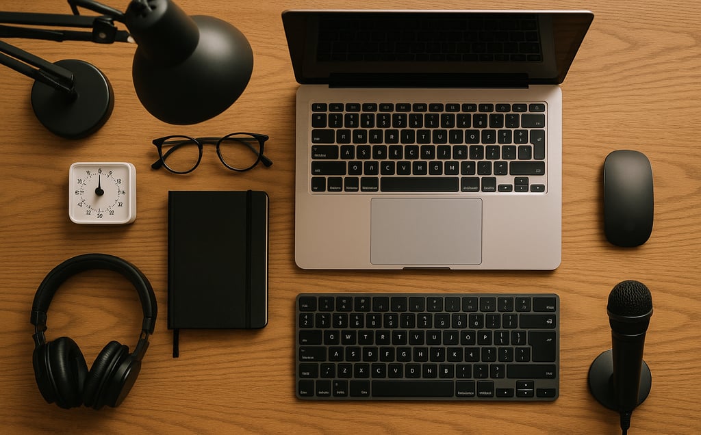 A clean organised deskk with essential tech for working from home