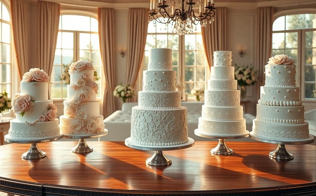a table with a bunch of wedding cakes