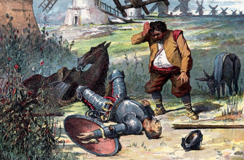 Illustration of Don Quixote fallen after fighting windmills, symbolizing Cervantes' famous literary 