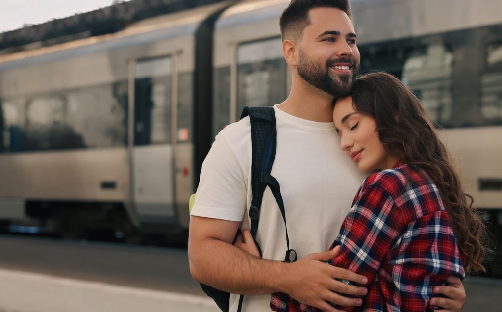 a man and woman standing in front of a train