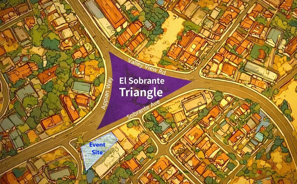 El Sobrante Triangle at Valley View Rd, Appial Way, and Sobrante Ave, the location of Triangle Works