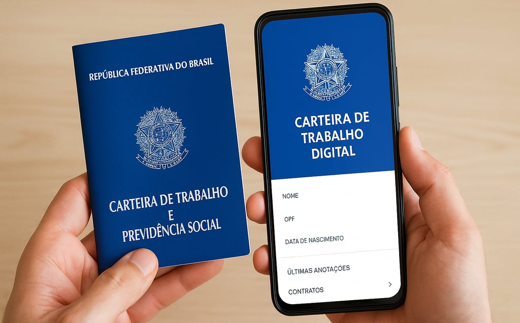 Pessoa segurando a Carteira de Trabalho e Previdência Social física ao lado da versão digital exibid