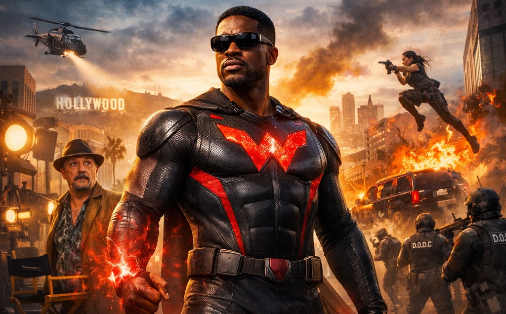 Imagem promocional de Wonder Man mostra Simon Williams com traje escuro e símbolo vermelho brilhante