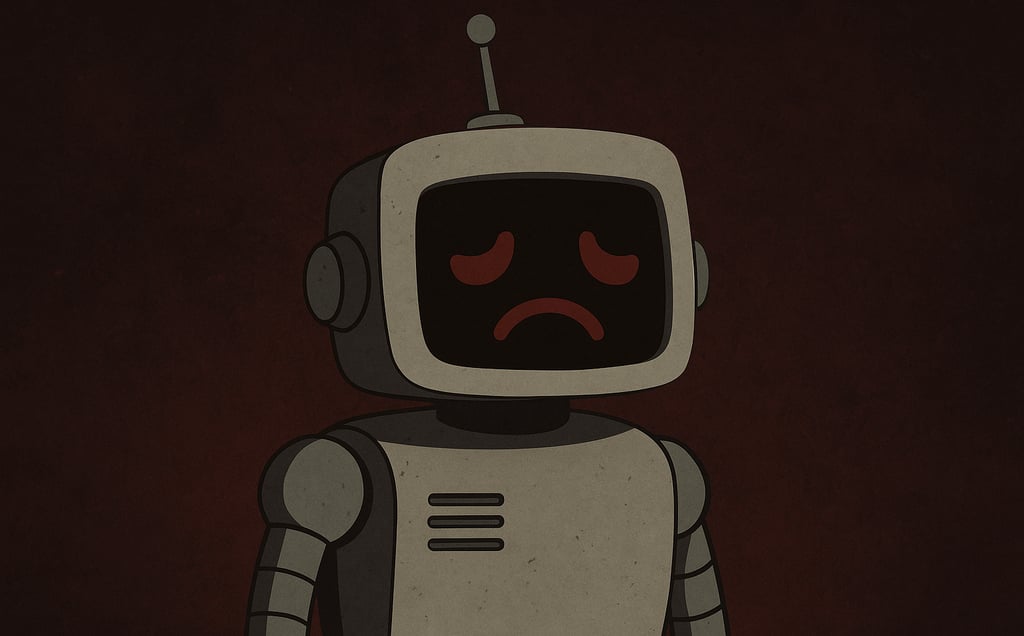 Ilustração digital em 2D de um robô com expressão triste, exibindo um rosto com olhos semicerrados e