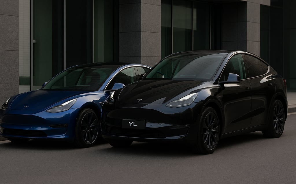 Dois carros elétricos Tesla estacionados lado a lado em frente a um prédio moderno, um Model 3 azul 